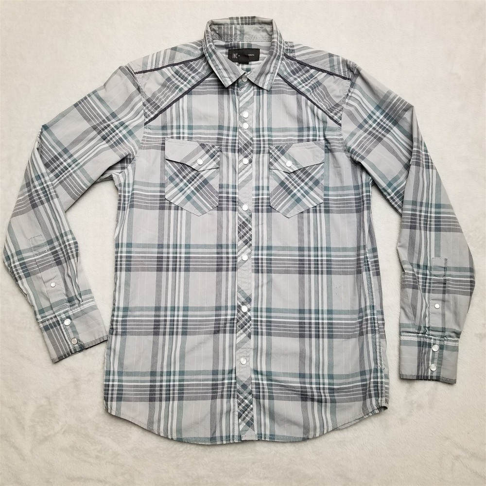 INC International Concepts Shirt Mens Small Teal Plaid Pearl Snap Western Casual